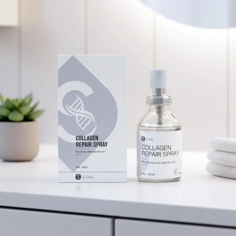 Collagen repair spray bottle and packaging on a white surface with a plant in the background