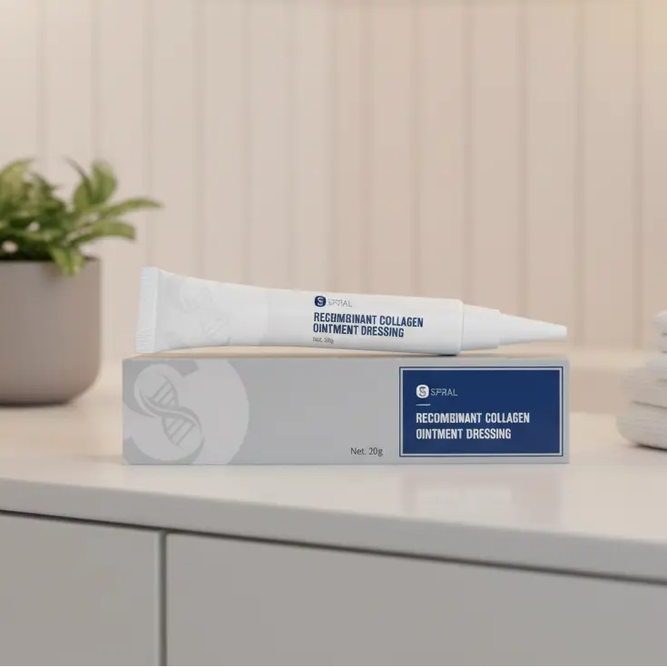 Medical Recombinant Human Collagen Cream Dressing and box on a bathroom counter with a mirror and plant in the background