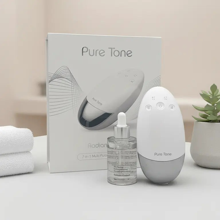 Radiance Pod skincare tool with Radiance Anti-ageing serum on bathroom top with giftbox