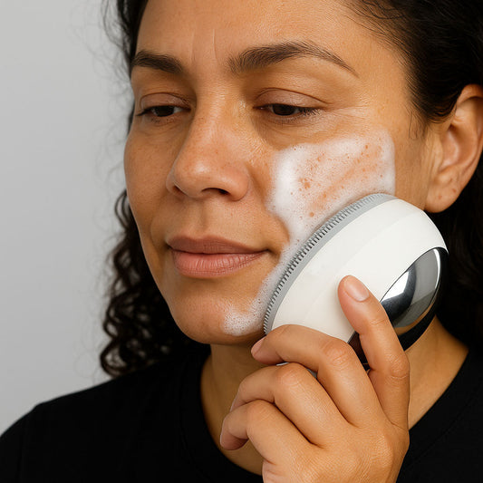 Woman using Viveca ultrasonic facial cleansing brush with foaming cleanser