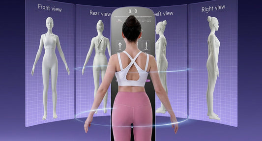 Morphiq Pro 360-degree 3D body modelling scan showing body shape analysis from front, rear, left and right views