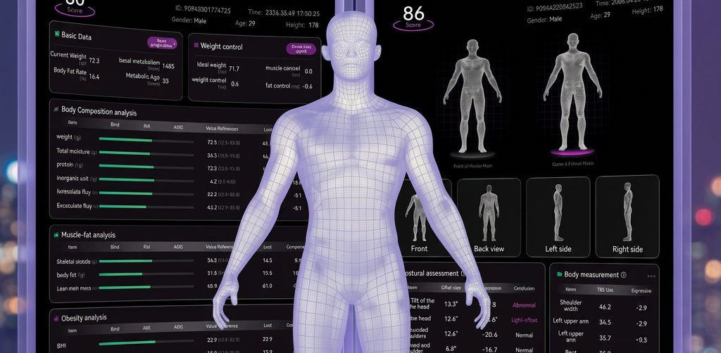 Morphiq Pro 3D body composition analysis report showing body model, fat and muscle data, measurements and posture assessment