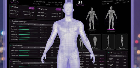 Morphiq Pro 3D body composition analysis report showing body model, fat and muscle data, measurements and posture assessment