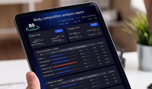 Morphiq Pro body composition analysis report displayed on a tablet showing fat, muscle, weight control and progress data