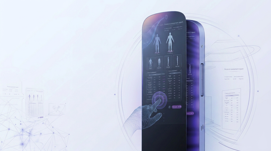Morphiq Pro full-screen 3D body analysis interface showing interactive scan report, digital hand control and body assessment data