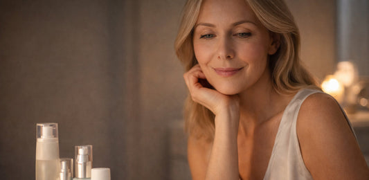 Frau ab 40 bei ihrer abendlichen Hautpflegeroutine im Badezimmer