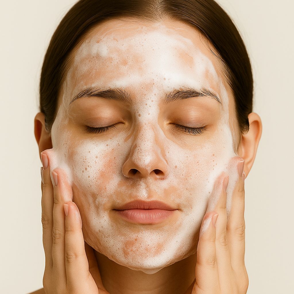 Woman applying a facial mask with her hands on a beige background