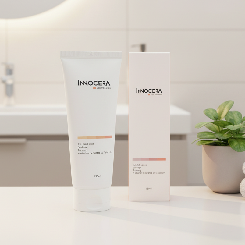 Innocera skincare products on a bathroom counter with a plant and towels in the background.