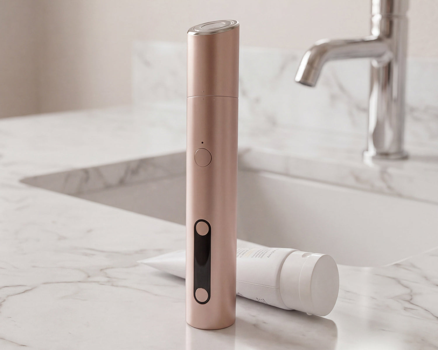Innocera Max multi-technology skincare device with conductor gel in a luxury bathroom setting