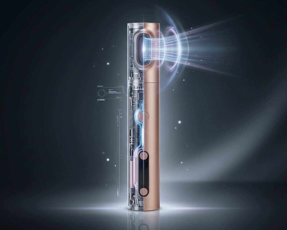 Futuristic cutaway image of the Innocera Pro HIFU device showing internal technology and focused ultrasound energy radiating from the treatment head.