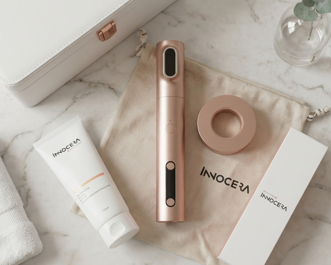 Innocera Pro home HIFU skin lifting device with conductor gel, storage case and accessories arranged in a premium bathroom setting.