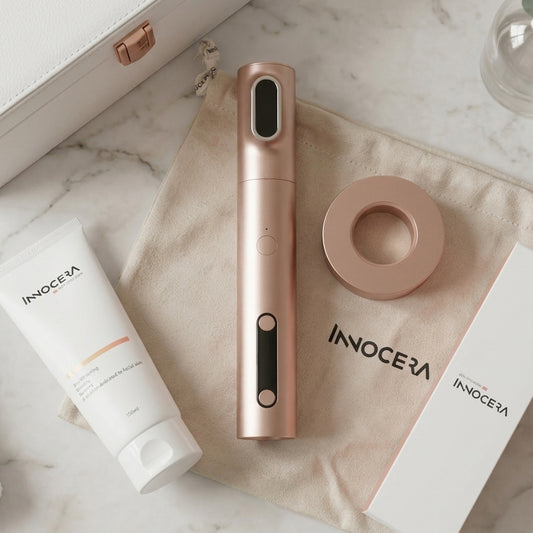 Innocera Pro home HIFU device with conductor gel, stand and storage accessories.