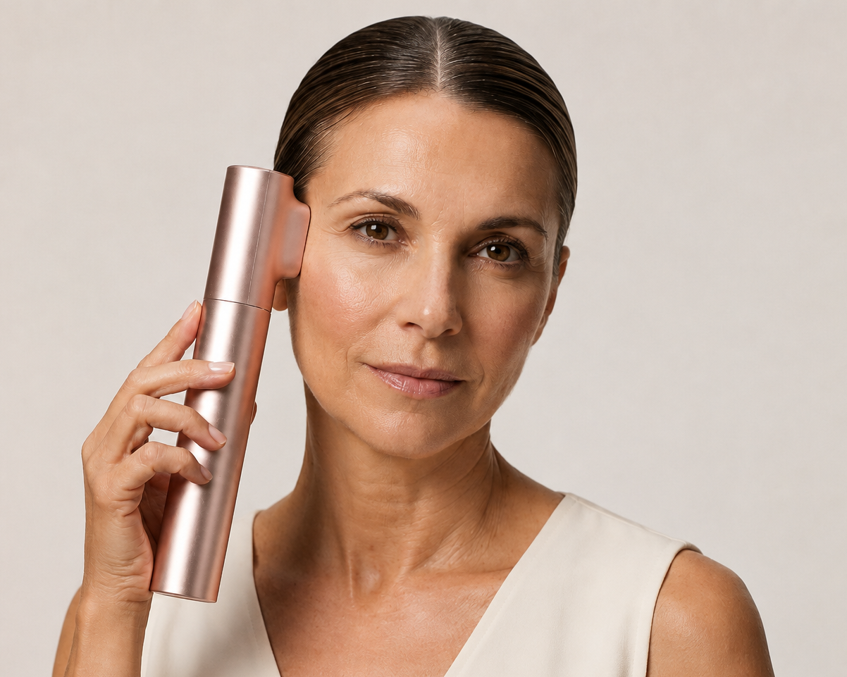 Woman with slicked-back centre-parted hair looking directly at the camera while holding the rose-gold Innocera Pro HIFU skin lifting device against her face.