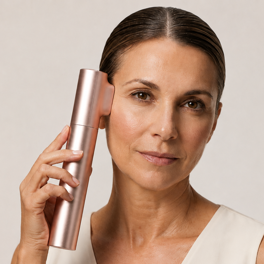 Woman holding Innocera Pro against her cheek during a home HIFU skin lifting treatment.
