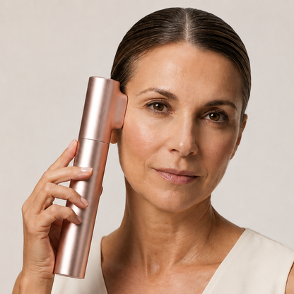 Woman holding Innocera Pro against her cheek during a home HIFU skin lifting treatment.