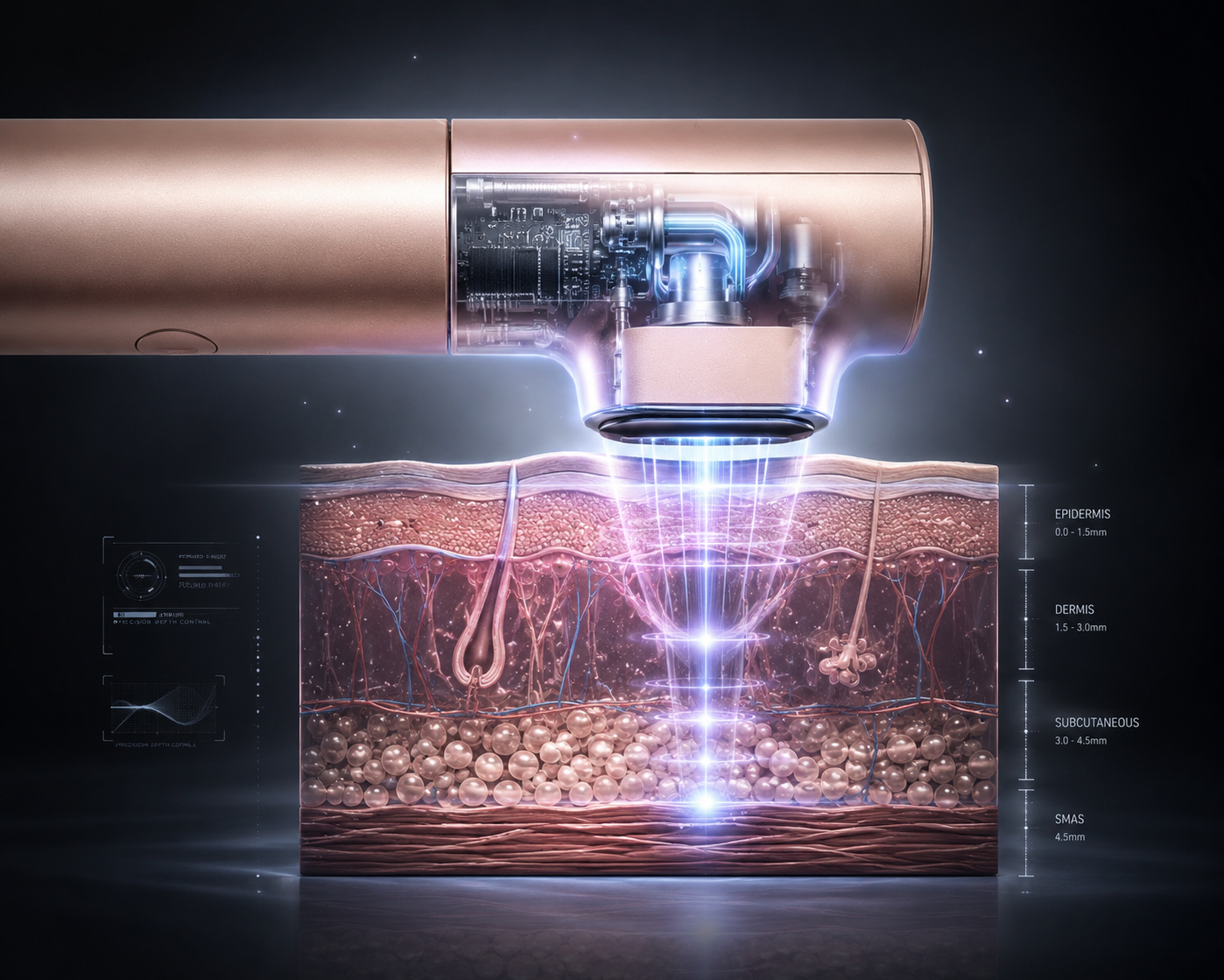 High-tech illustration showing the Innocera Pro HIFU treatment head delivering focused energy through the skin, with labelled layers including the epidermis, dermis, subcutaneous tissue and SMAS.