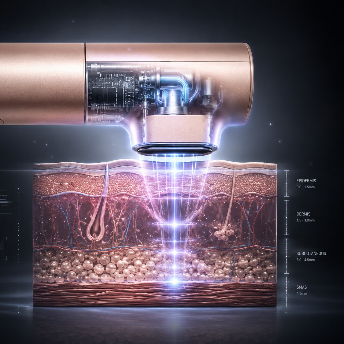 High-tech diagram showing Innocera Pro focused ultrasound energy reaching different layers beneath the skin.