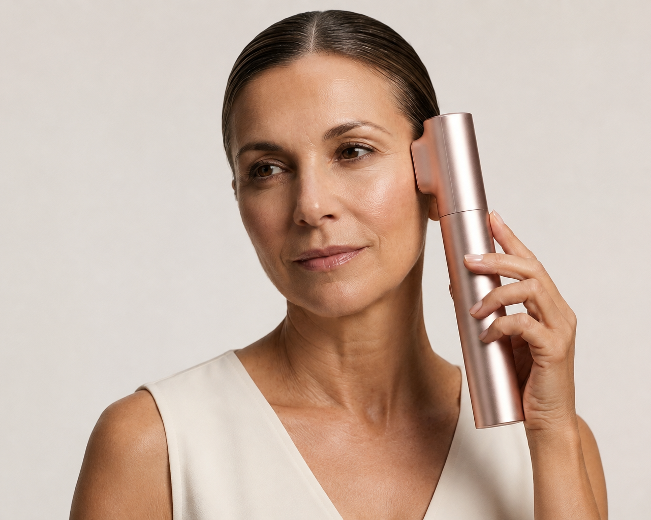 Mature woman with slicked-back centre-parted hair using the rose-gold Innocera Pro HIFU skin lifting device against the side of her face.