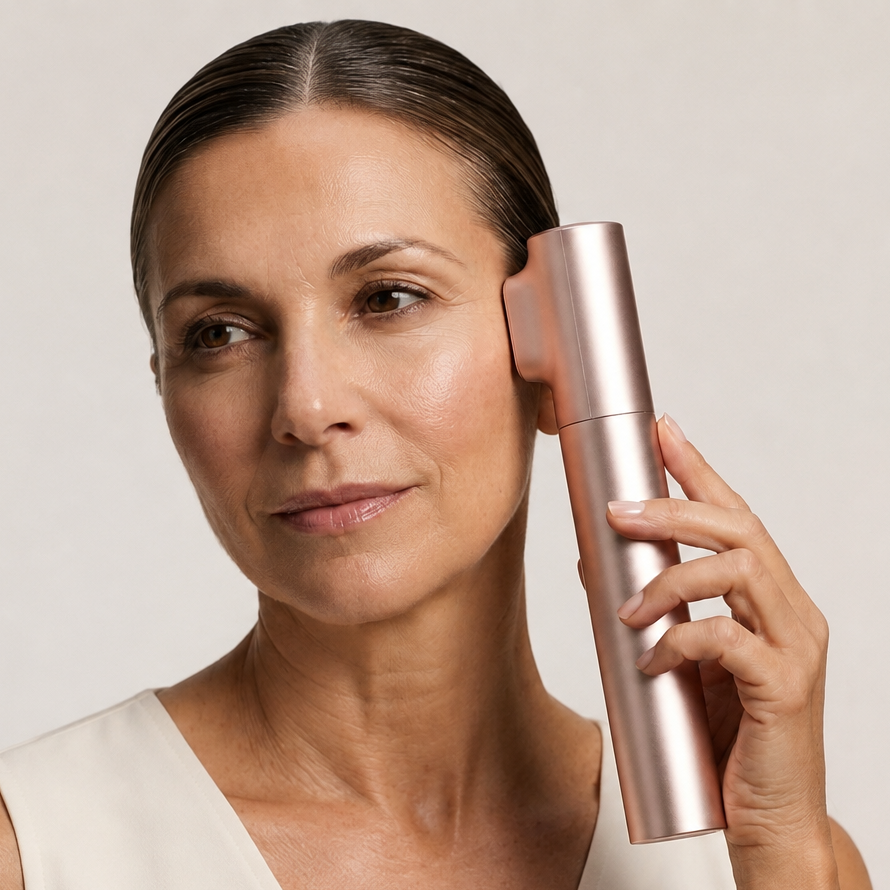 Mature woman using the Innocera Pro HIFU device on the side of her face.