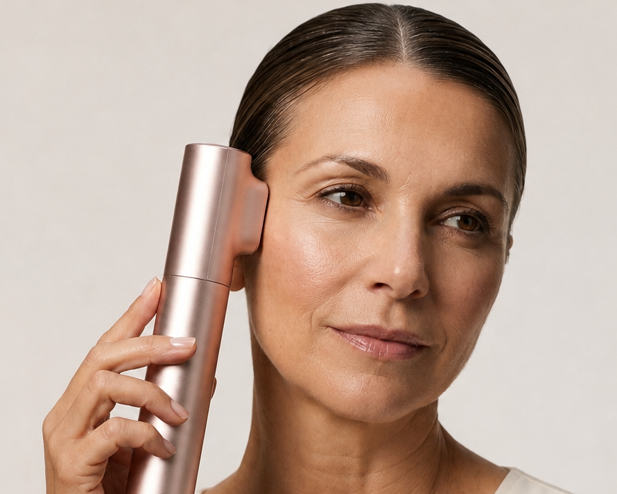 A woman holding a metallic rose gold Innocera Pro HIFU facial device against her skin, shown in a close-up shot against a neutral light gray background.
