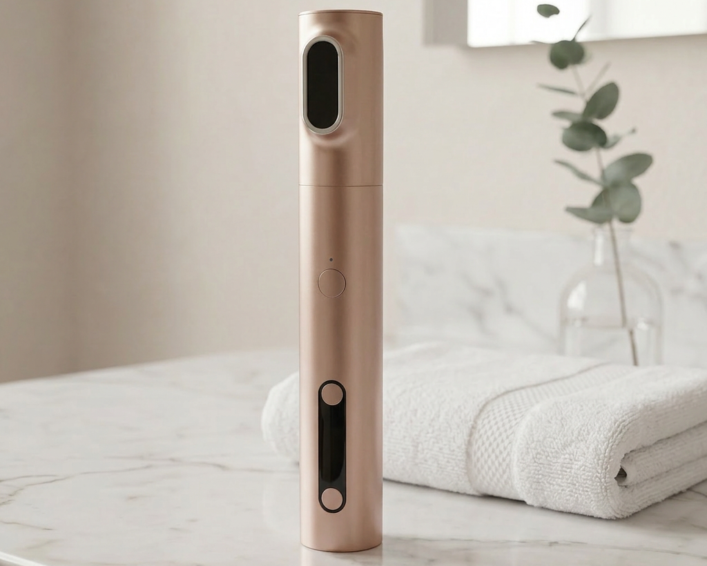 Innocera Pro HIFU skincare device on a marble surface in a luxury bathroom setting