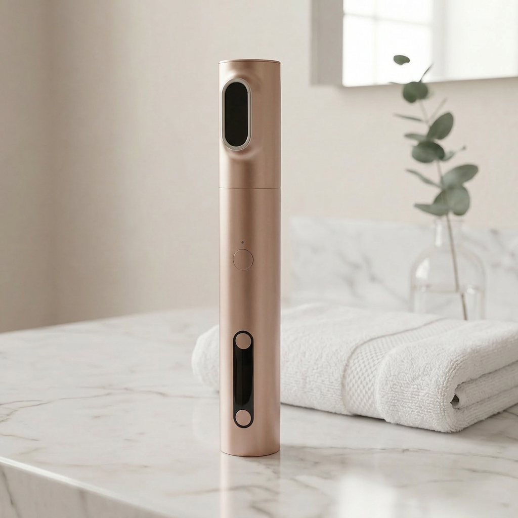 Innocera Pro rose-gold HIFU device displayed in a premium bathroom setting.