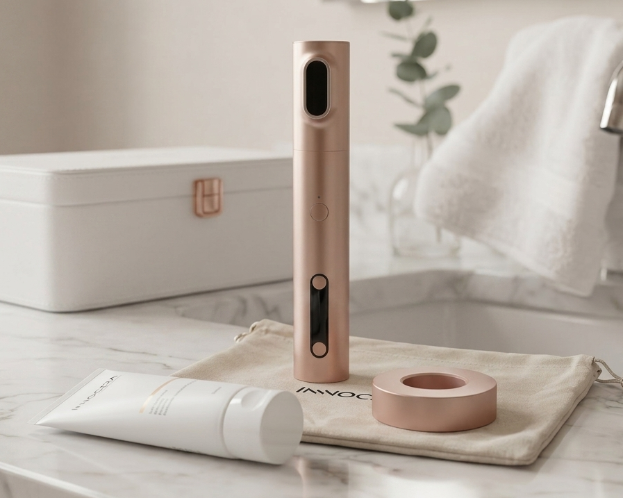 Innocera Pro home HIFU skin lifting device with conductor gel, stand, storage pouch and case in a premium bathroom setting.