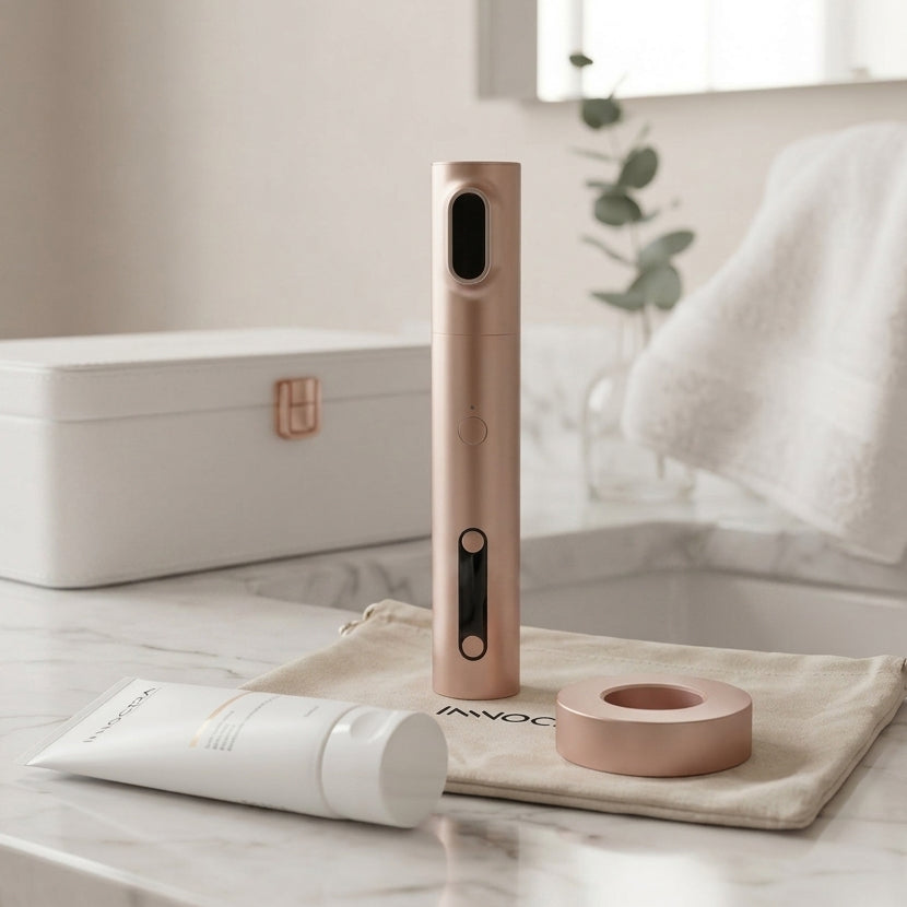 Innocera Pro HIFU skincare system with device, accessories and storage case in a bathroom setting.