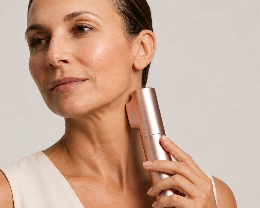 Woman with slicked-back hair using the rose-gold Innocera Pro HIFU skin lifting device on the side of her neck in a studio portrait.