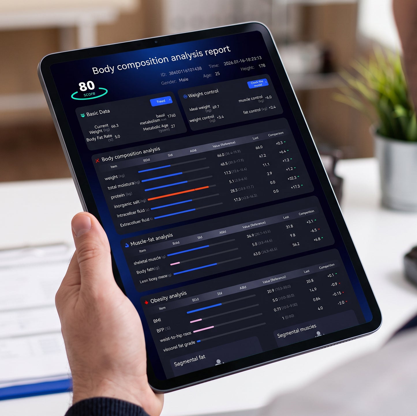 Morphiq body composition analysis report displayed on a tablet