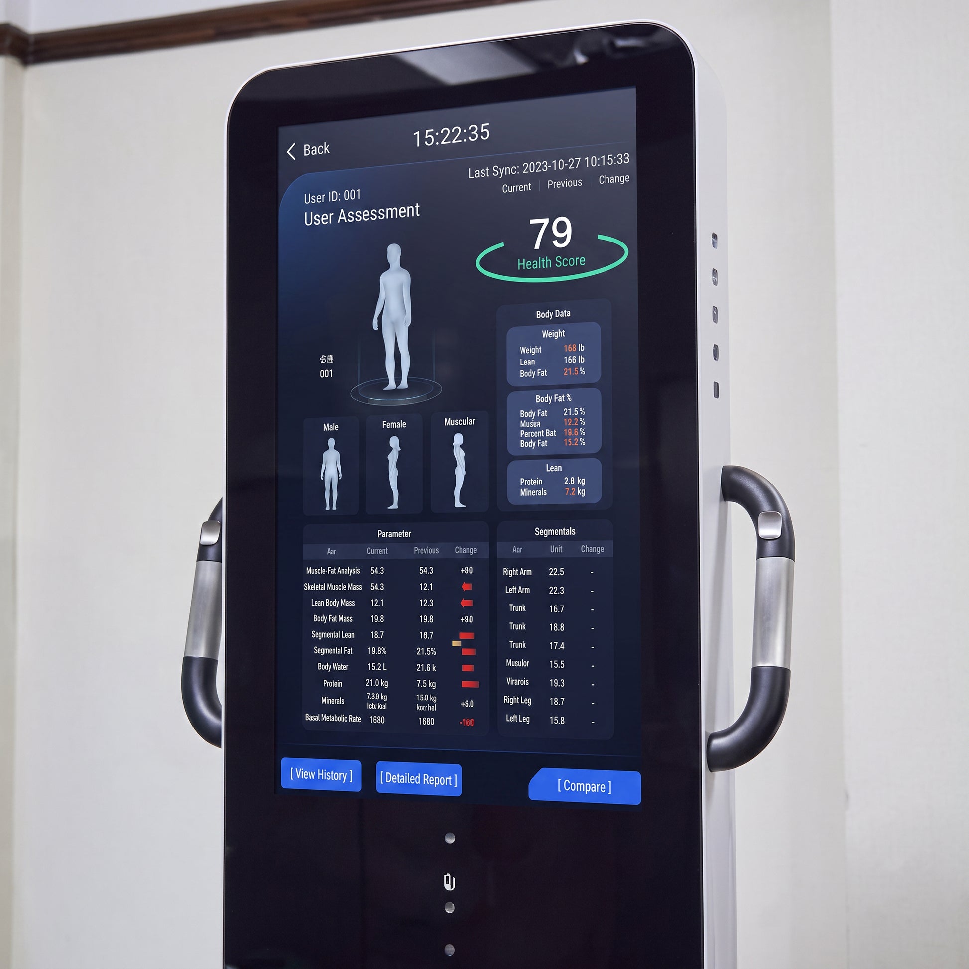 Morphiq body composition and progress report shown on the 27-inch touchscreen