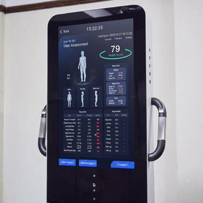 Morphiq body composition and progress report shown on the 27-inch touchscreen