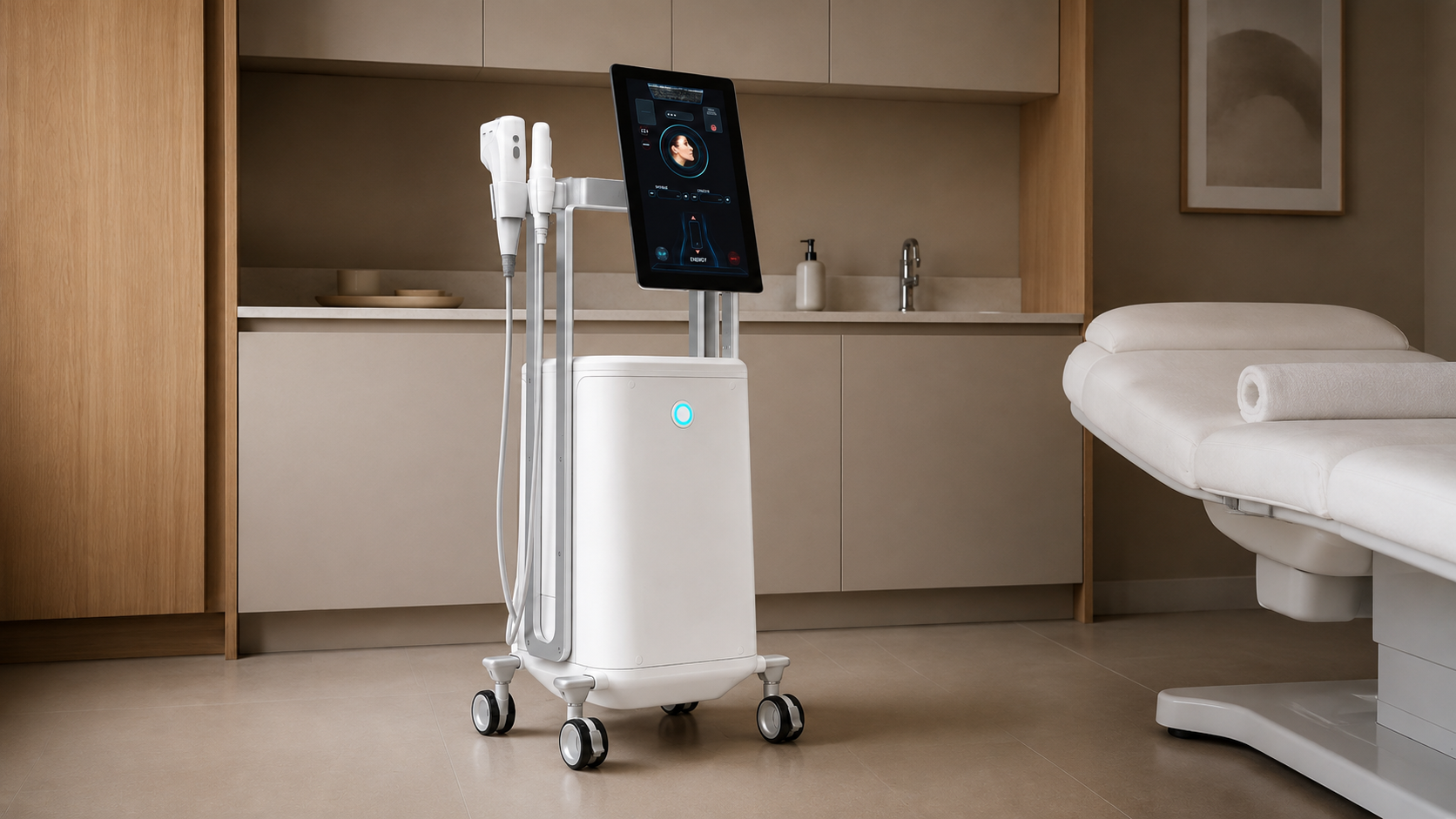 Neon 7D Pro HIFU treatment system in a premium aesthetic clinic treatment room with contemporary neutral interiors.