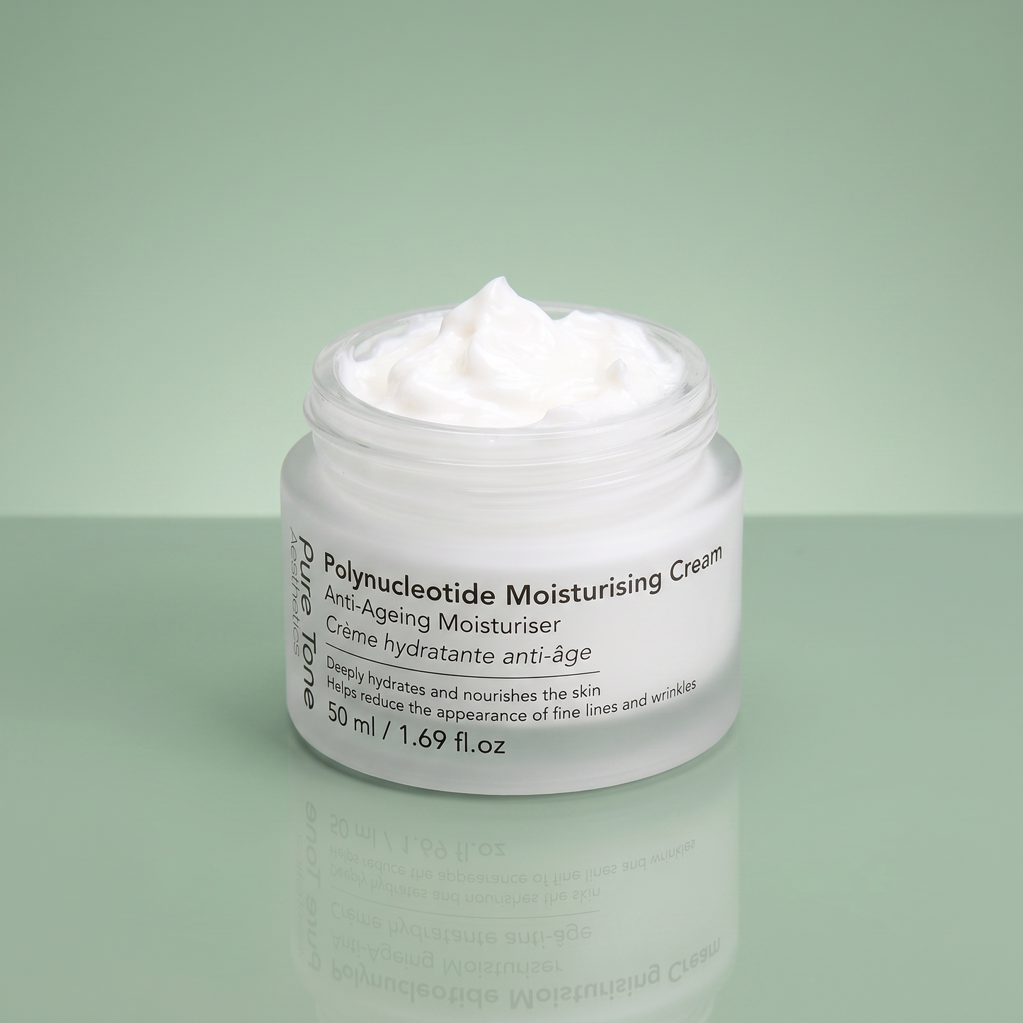 Open jar of Pure Tone Aesthetics Polynucleotide Moisturising Cream showing the rich cream texture