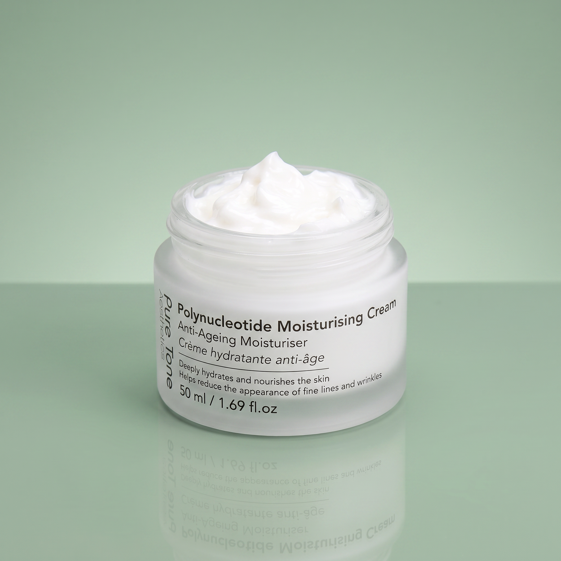 Open jar of Pure Tone Aesthetics Polynucleotide Moisturising Cream showing the rich cream texture