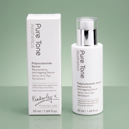 Pure Tone Aesthetics Polynucleotide Serum in a white pump bottle with a silver cap, shown next to its white packaging box on a light sage green background.
