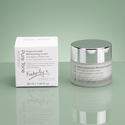 Pure Tone Aesthetics Polynucleotide Moisturising Cream jar and gift box on a reflective soft green surface