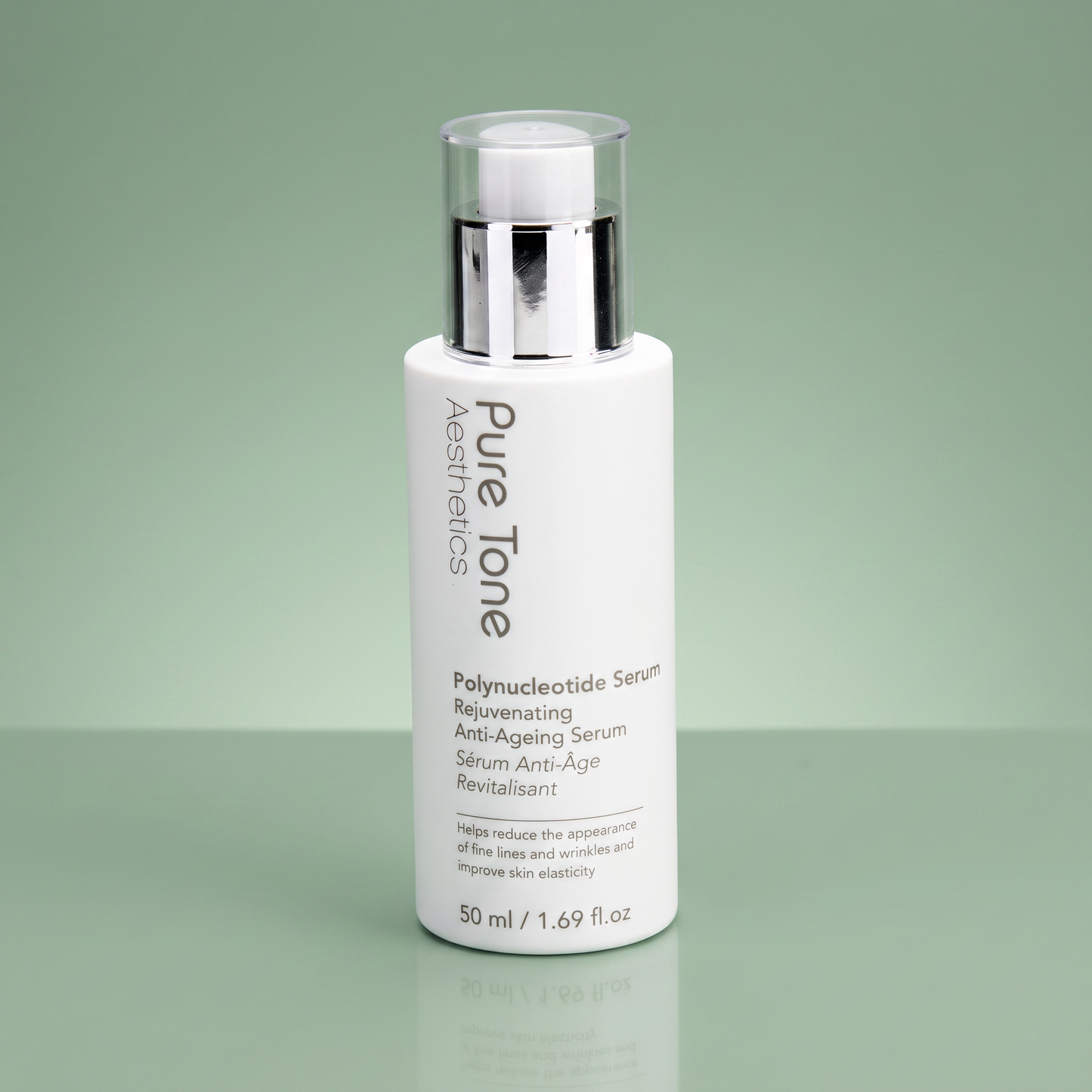 Pure Tone Aesthetics x Kimberley Walsh Polynucleotide Serum in a white cylindrical bottle with a silver pump and clear cap, set against a soft green gradient background.
