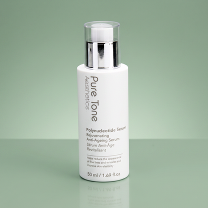 Pure Tone Aesthetics x Kimberley Walsh Polynucleotide Serum in a white cylindrical bottle with a silver pump and clear cap, set against a soft green gradient background.