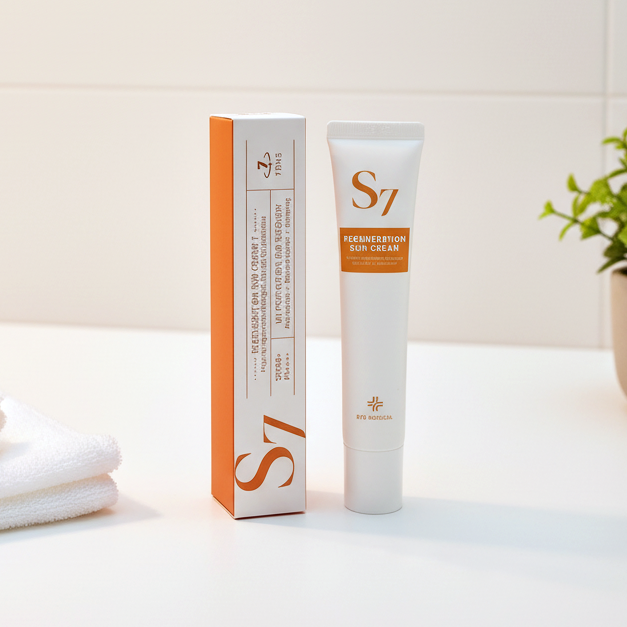 S7 regeneration moisturising SPF50 sun cream tube and box on a white surface with a plant in the background
