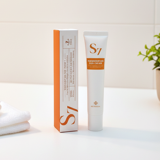 S7 regeneration moisturising SPF50 sun cream tube and box on a white surface with a plant in the background