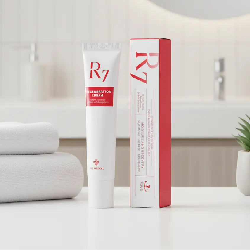 R7 skincare cream tube and box on a bathroom counter with a plant and towels in the background