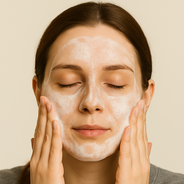 woman cleansing her face with foaming cleansing gel