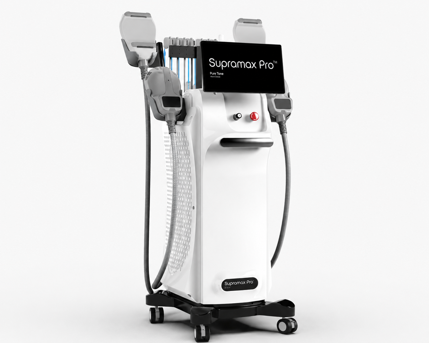 High-resolution studio image of the Supramax Pro body sculpting machine on a plain light grey background, shown from a front three-quarter angle with applicators, hoses, touchscreen display and wheeled base visible.