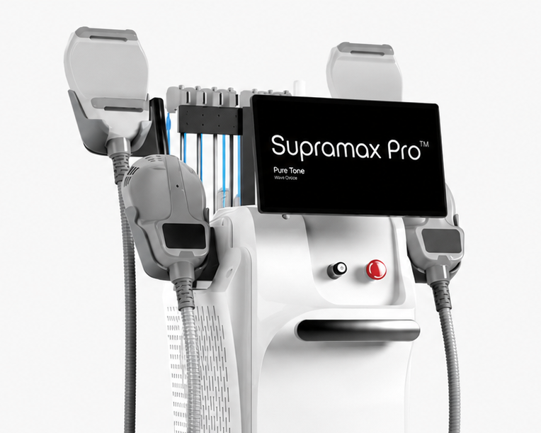 Cropped close-up of the Supramax Pro EMS body sculpting machine angled to the right, showing the touchscreen control panel and EMS treatment handles.