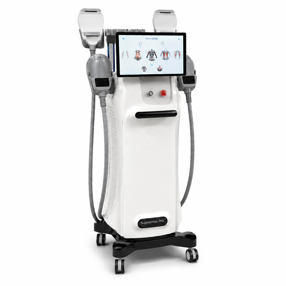 Supramax Pro™ EMS & RF body sculpting and facial toning machine with touchscreen display, applicator handpieces and wheeled base on a white background.
