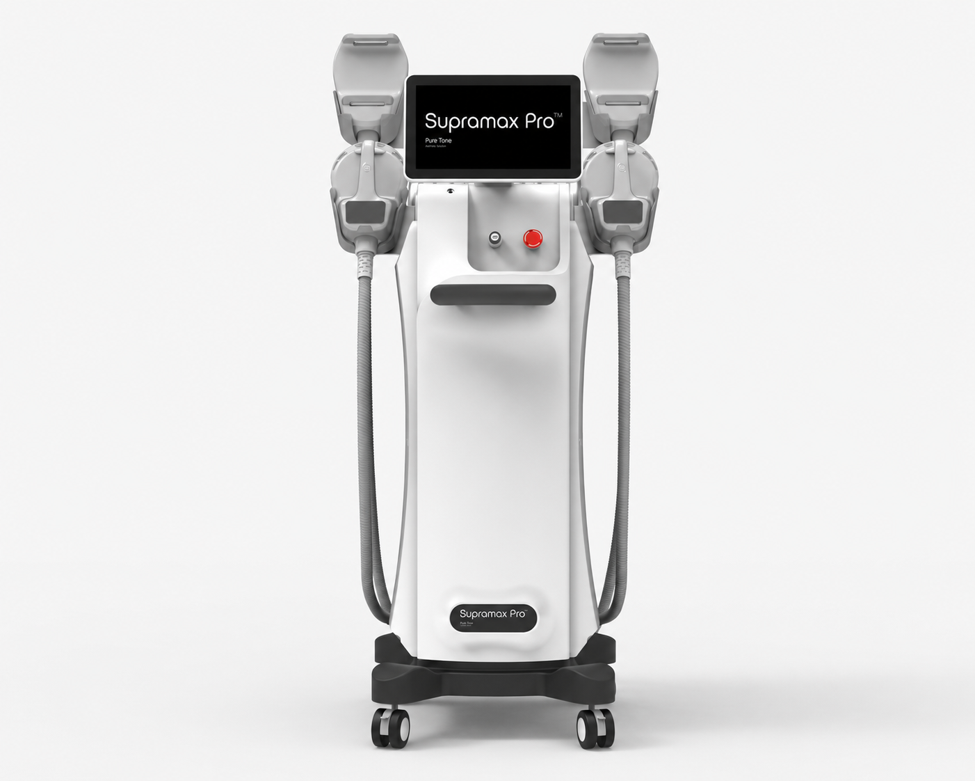 High-resolution front view of the Supramax Pro body sculpting machine on a plain light grey studio background, showing the touchscreen display, applicators, hoses and wheeled base.