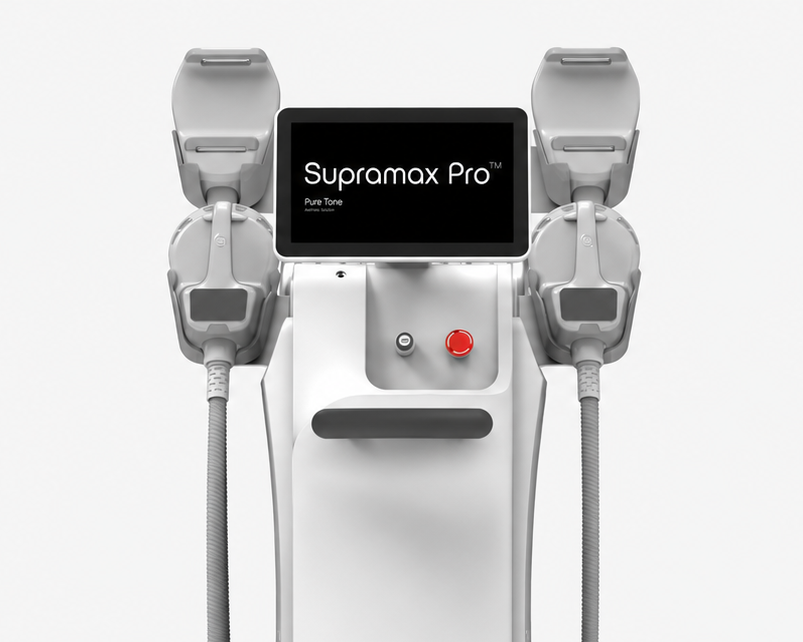 Cropped close-up of the Supramax Pro EMS body sculpting machine showing the touchscreen control panel and EMS treatment handles.