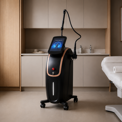Thulium Laser Pro Dual™ 45-degree front view beside an adjustable aesthetics treatment bed