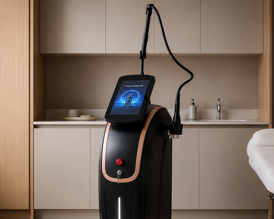 Thulium Laser Pro Dual™ 45-degree front view showing touchscreen, treatment handpiece and rose-gold detailing